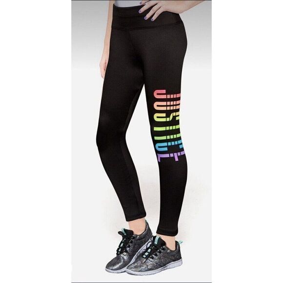 Justice Girls Black Leggings With Rainbow Logo Size 14 - Picture 1 of 6